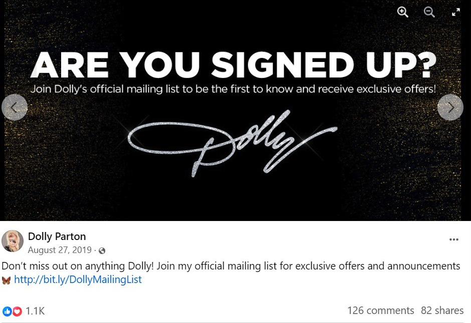 Dolly Parton Facebook post asking visitors to sign up for her email list
